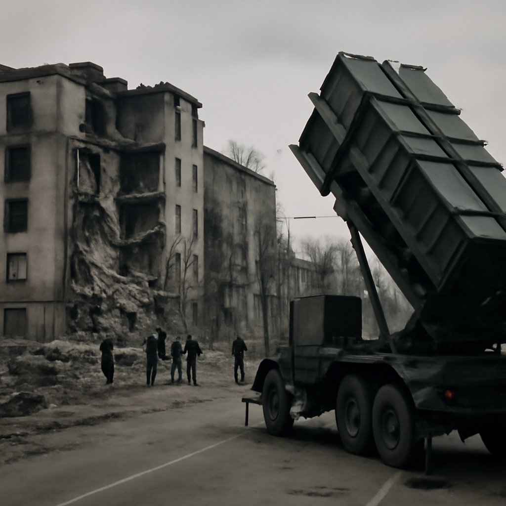 Damaged urban area with Patriot missile launcher in foreground.