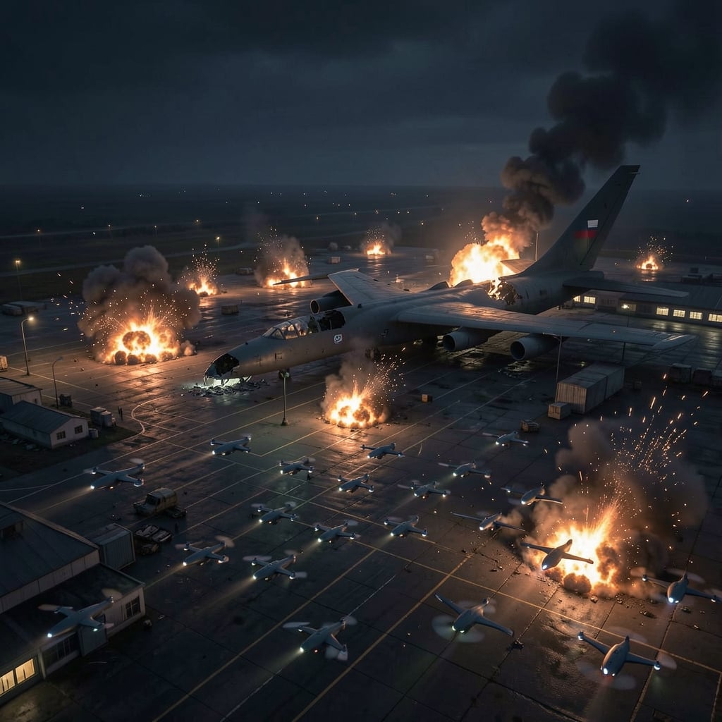 Nighttime aerial view of a Russian bomber base under attack, with explosions and drones.