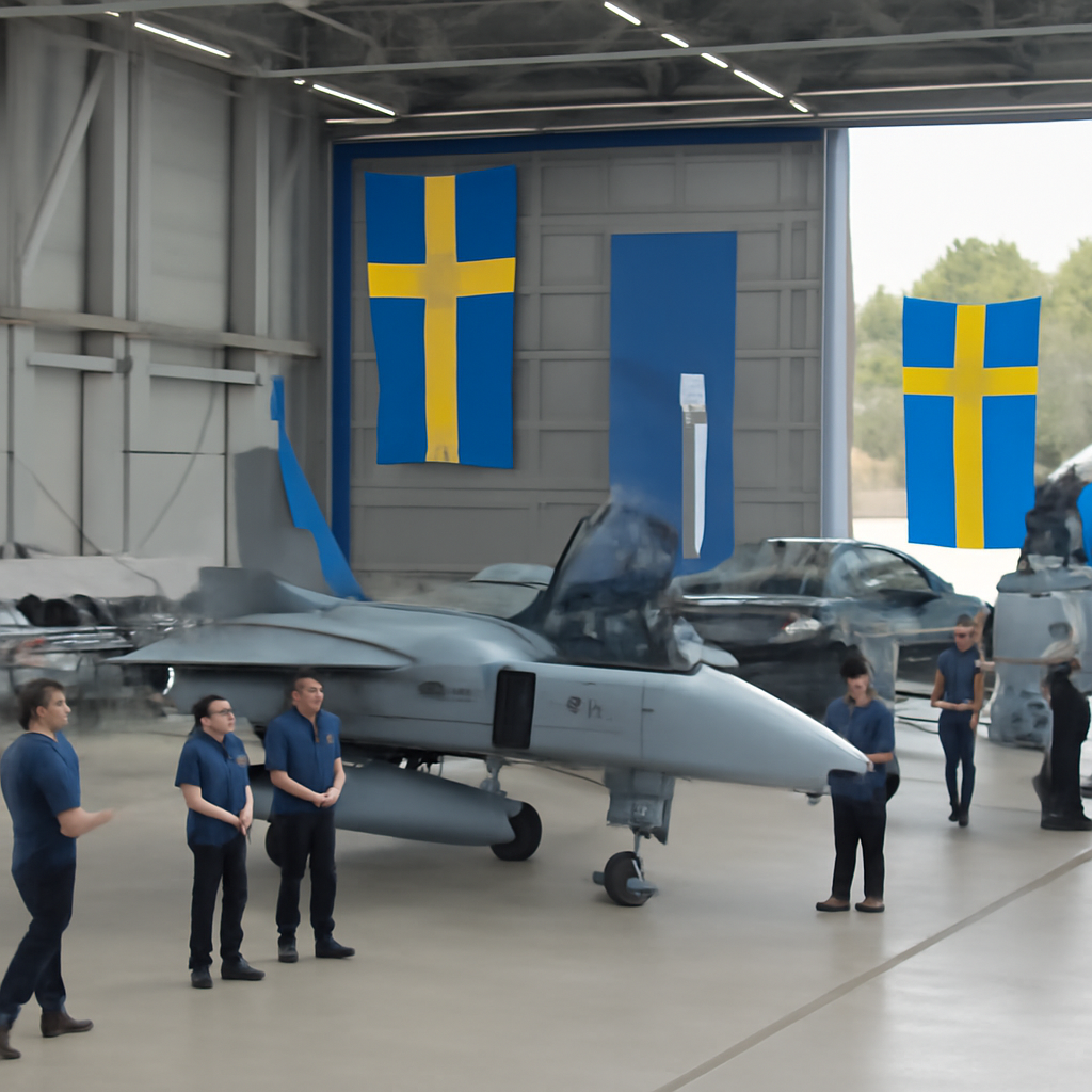 Gripen E fighter jets on tarmac surrounded by technicians and Swedish flags.