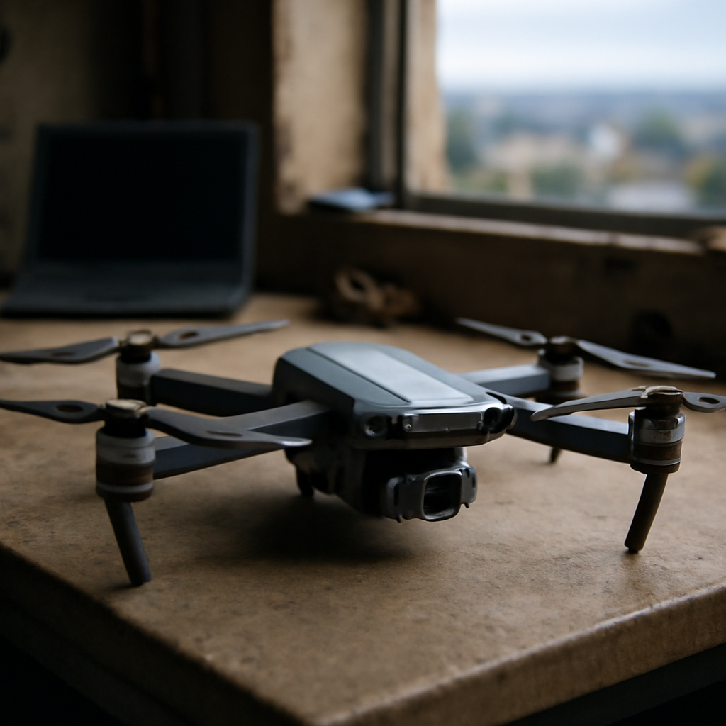 Drone sits on workbench with tools and laptop in a Ukrainian workshop.