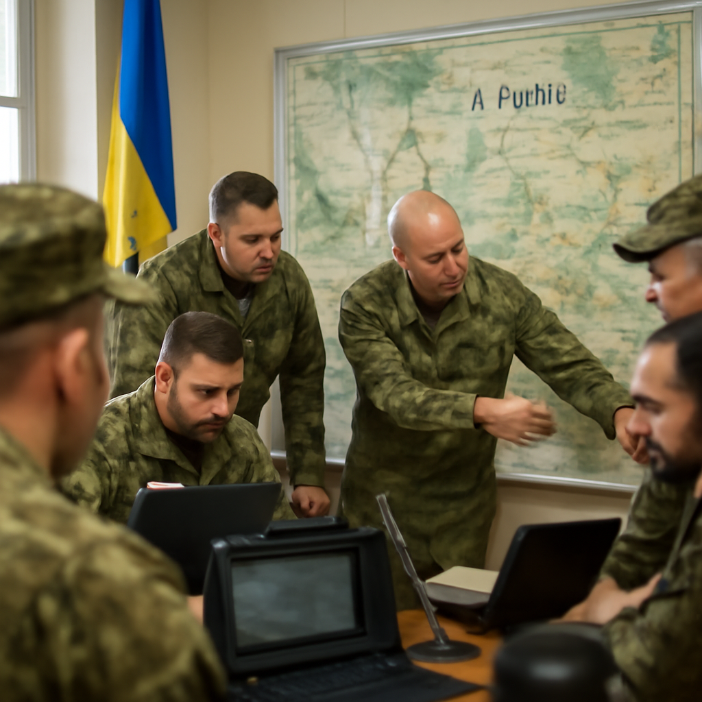Ukrainian military officers gather around a large map of the Lyman region, planning operations.