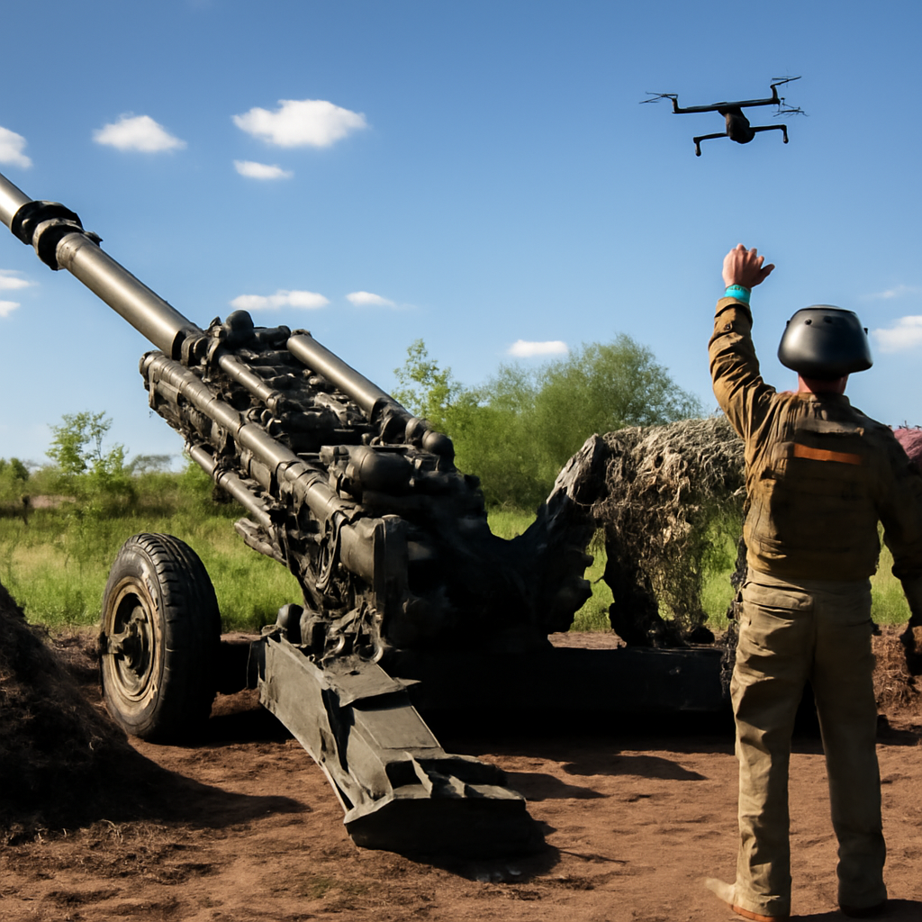 Ukrainian artillery position with howitzer and camouflage netting, with a drone visible in the background.