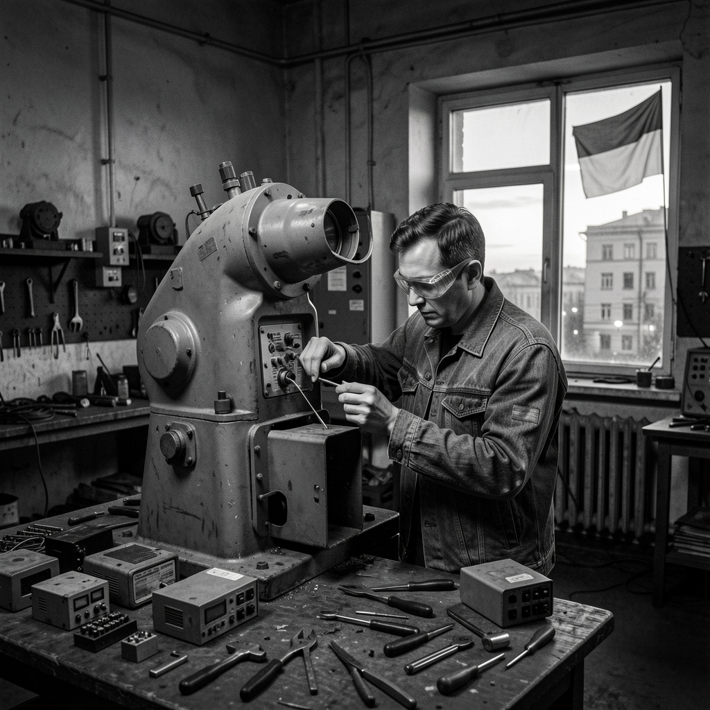 Technician upgrading Soviet-era air defense system component in industrial workshop.