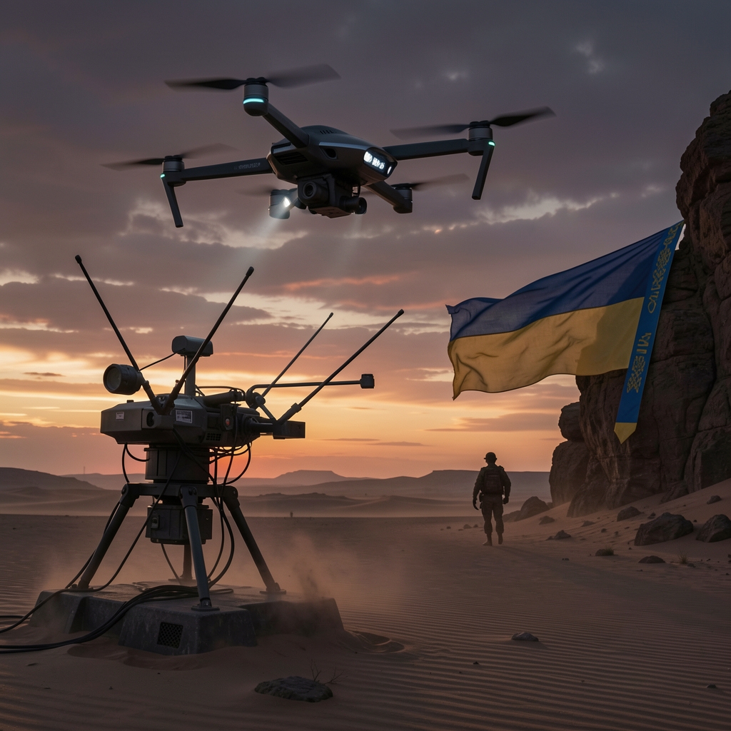 Futuristic drone hovers over desert landscape near anti-drone system with Ukrainian flag in background at sunset.