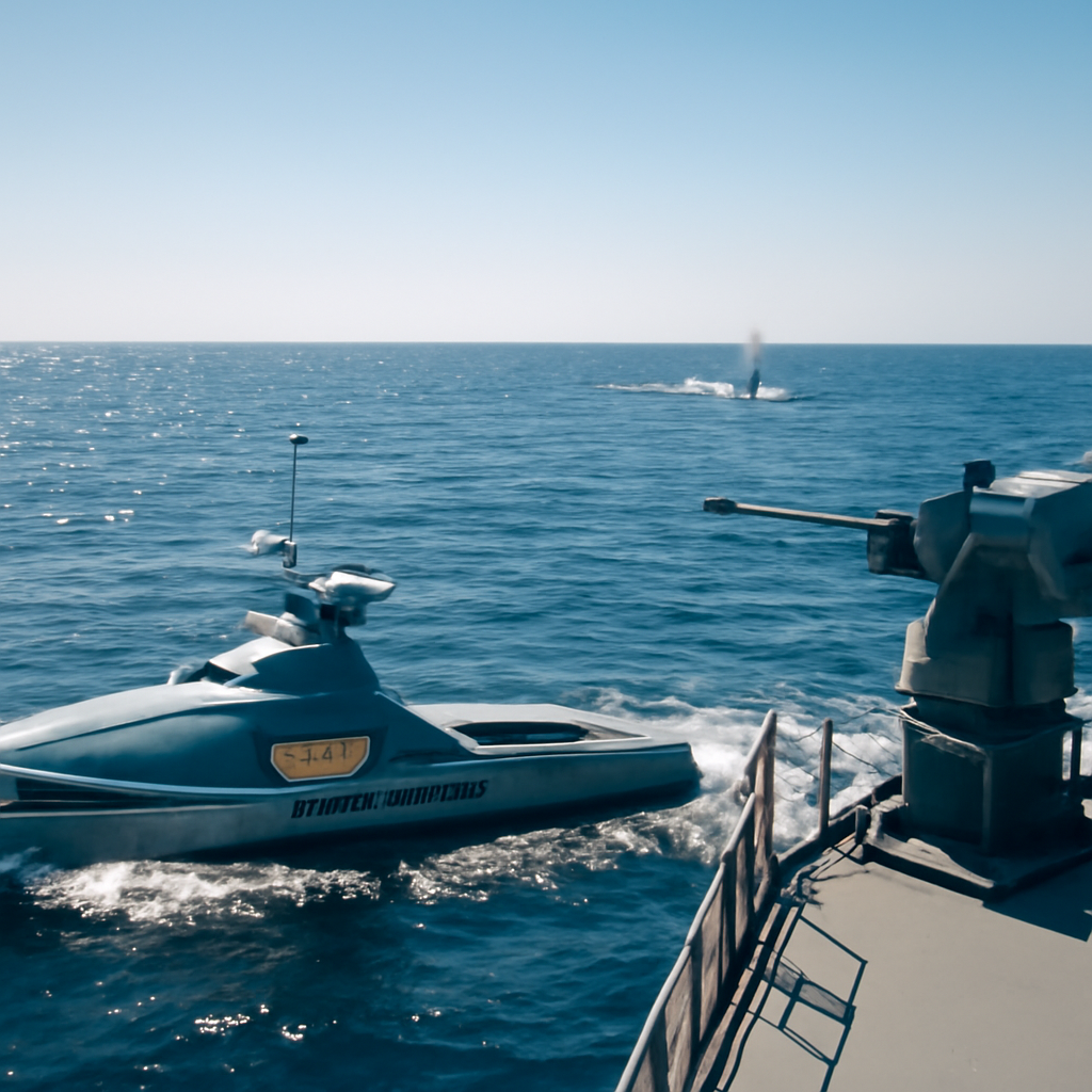 Ukrainian Navy vessel with weapon station near sinking Russian drone boat in Black Sea.