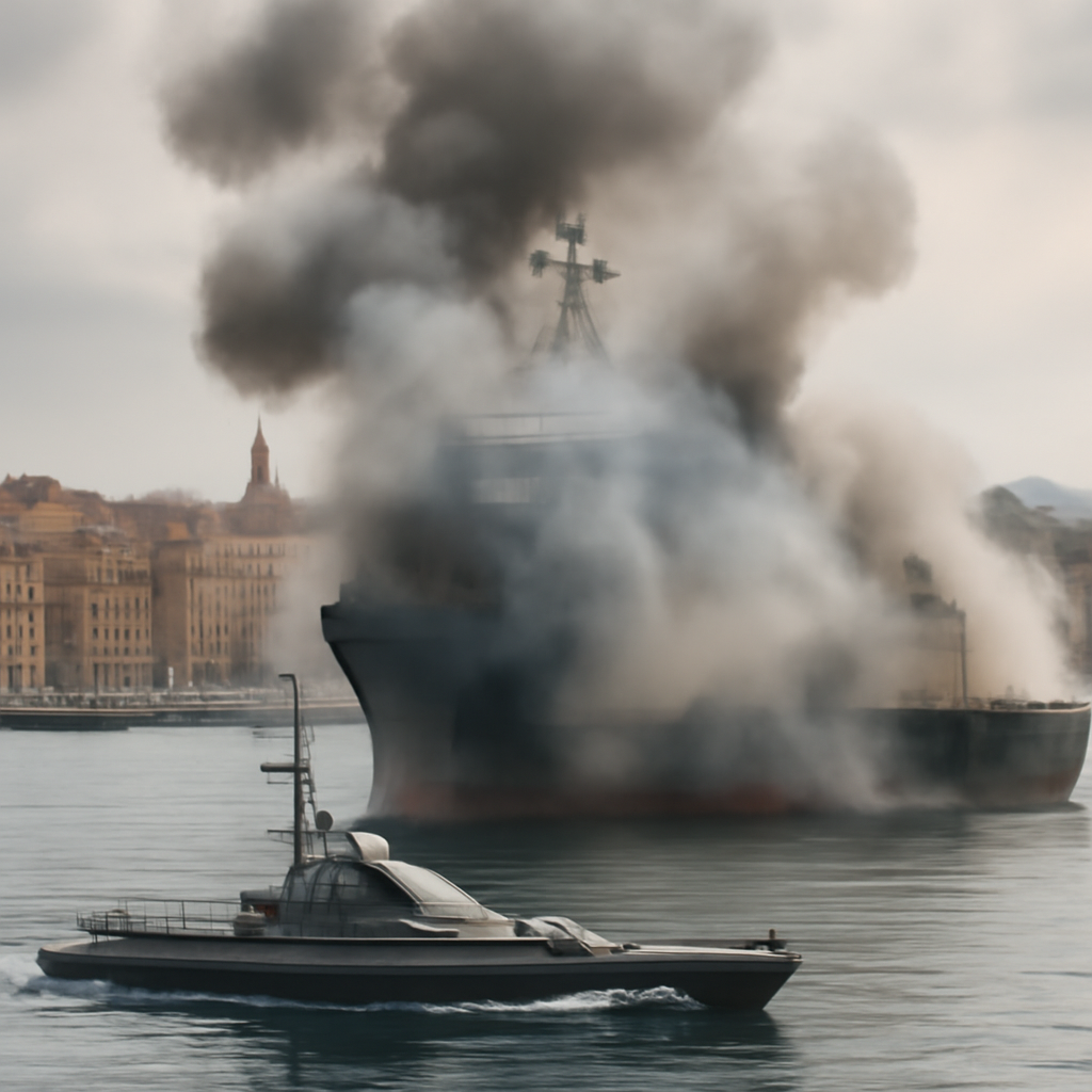 Smoke rises from a ship as a naval drone approaches or departs in a port city harbor.