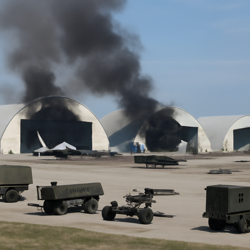 Military airbase with damaged aircraft and scattered vehicles.