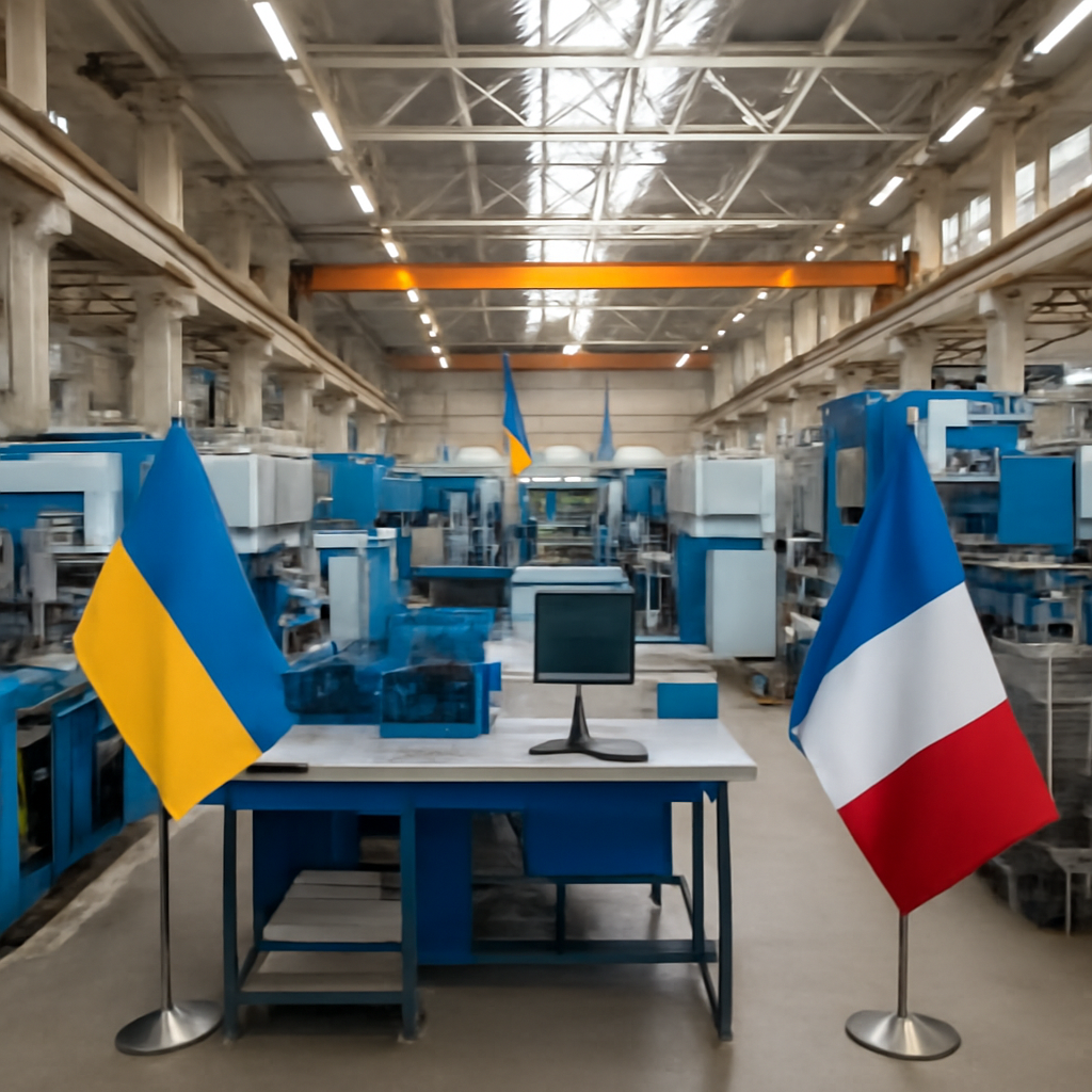 Factory floor with workstations and machinery, featuring Ukrainian and French flags.