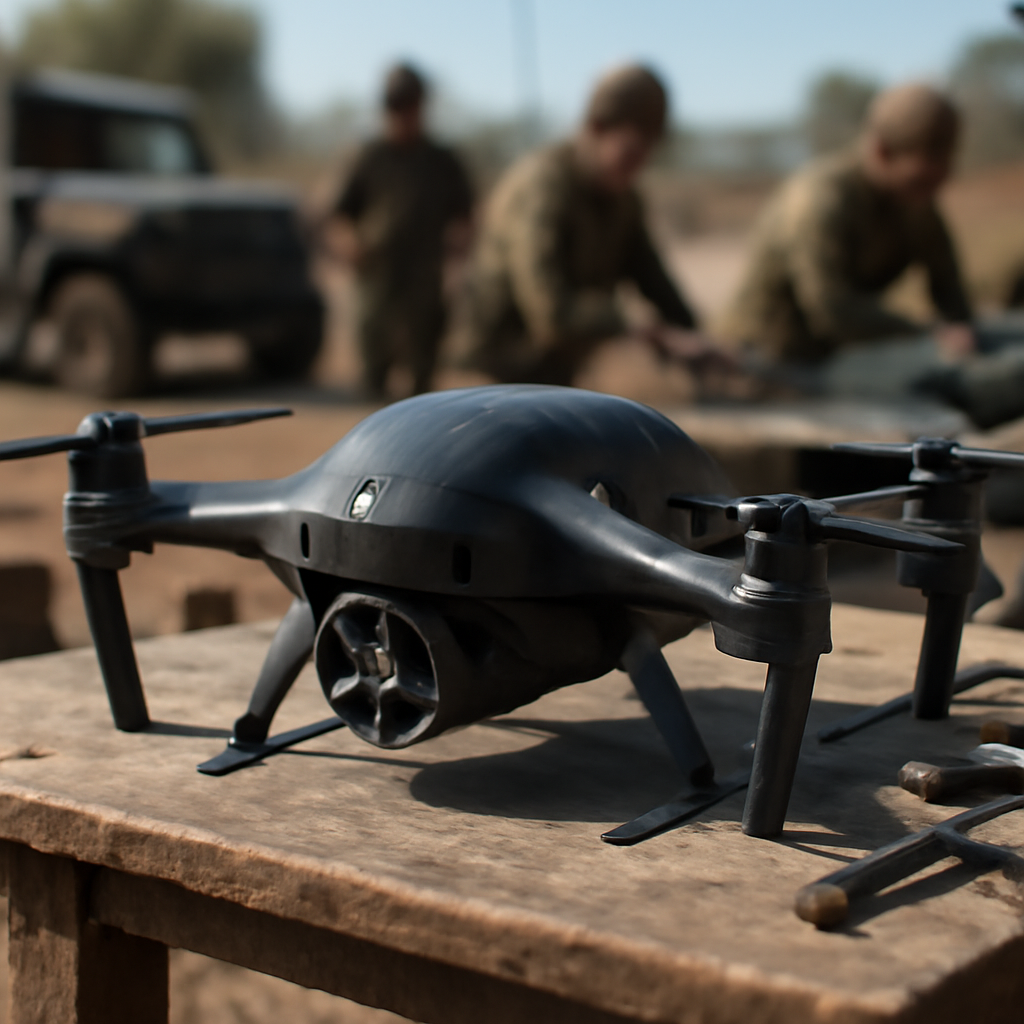 AI-modified drone on outdoor workbench with military gear in background.