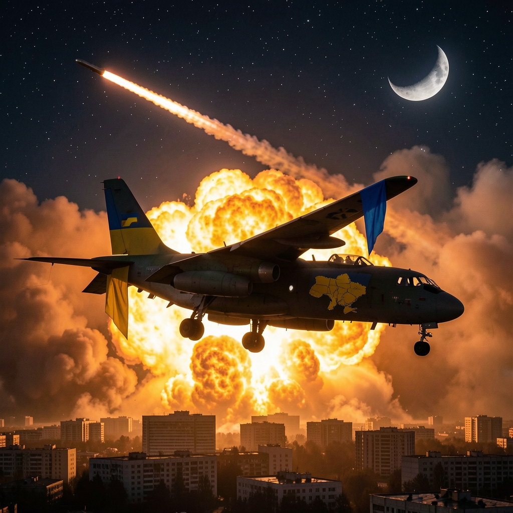 Ukrainian military aircraft silhouetted against explosion, with Russian cityscape in smoke and missile streaking through…