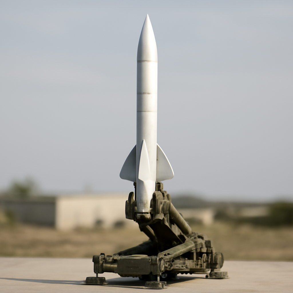 Missile interceptor on a launchpad with a neutral background.