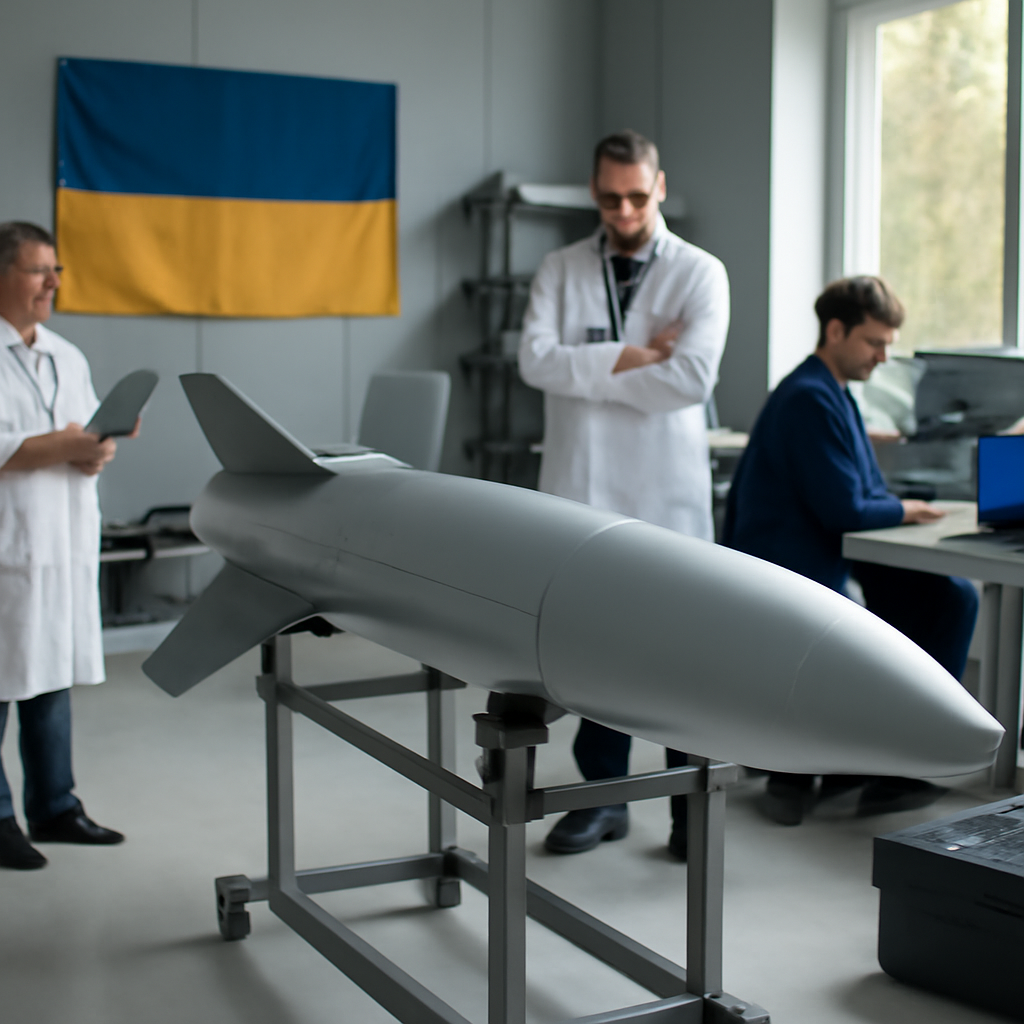 Ukrainian engineers work on a sleek glide bomb prototype surrounded by technical equipment and a Ukrainian flag.