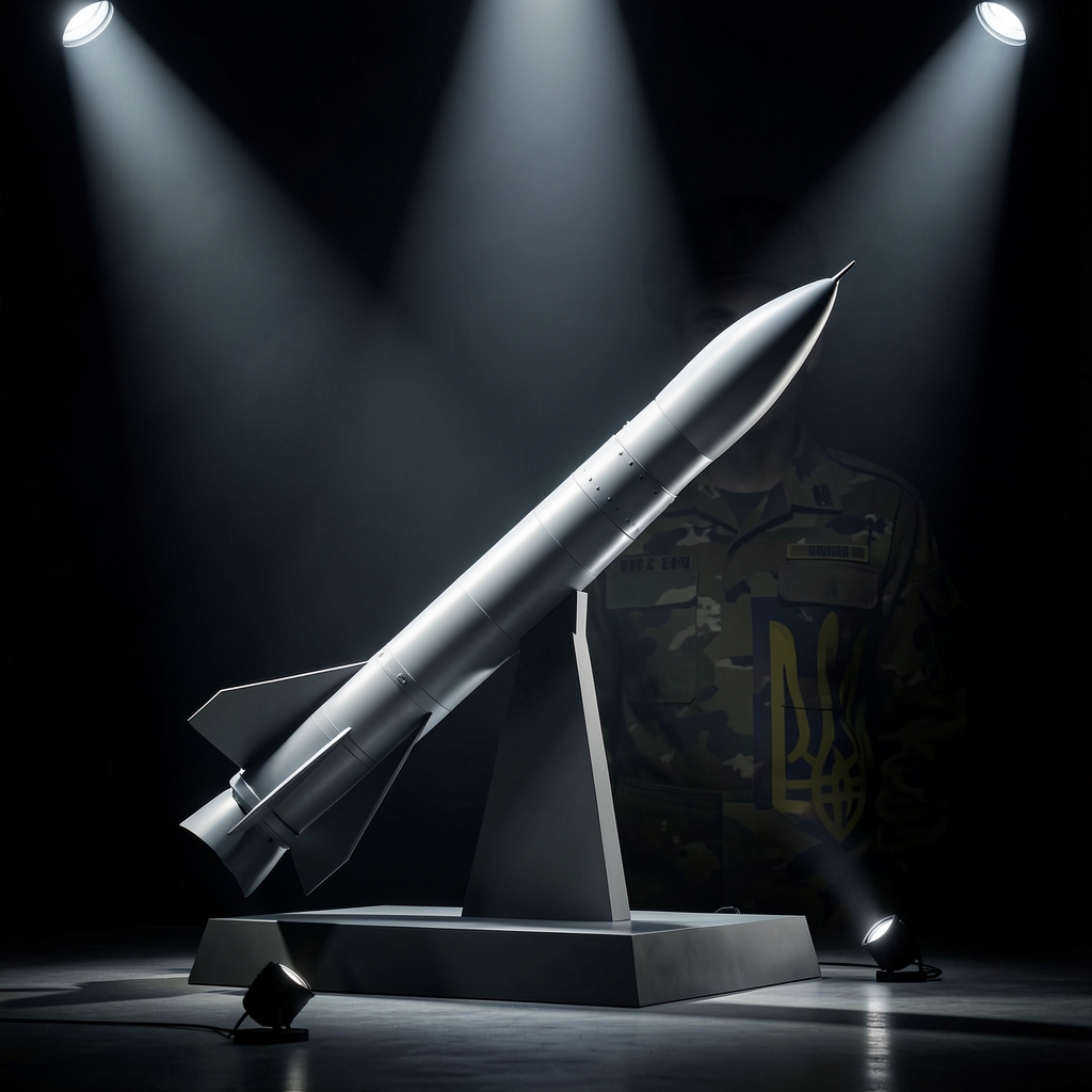Sleek surface-to-air missile on pedestal against dark background with subtle Ukrainian military insignia.