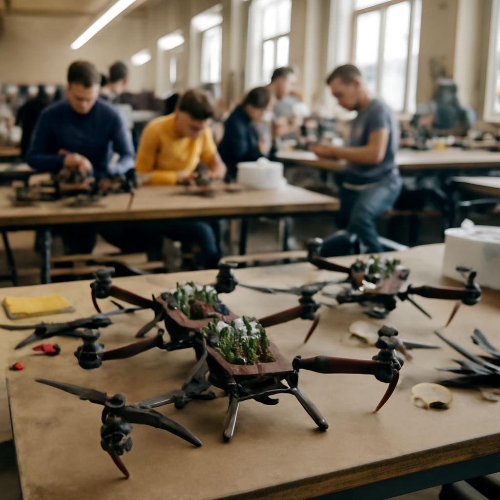 Ukrainian workers assemble and test small interceptor drones in a brightly-lit factory workshop.