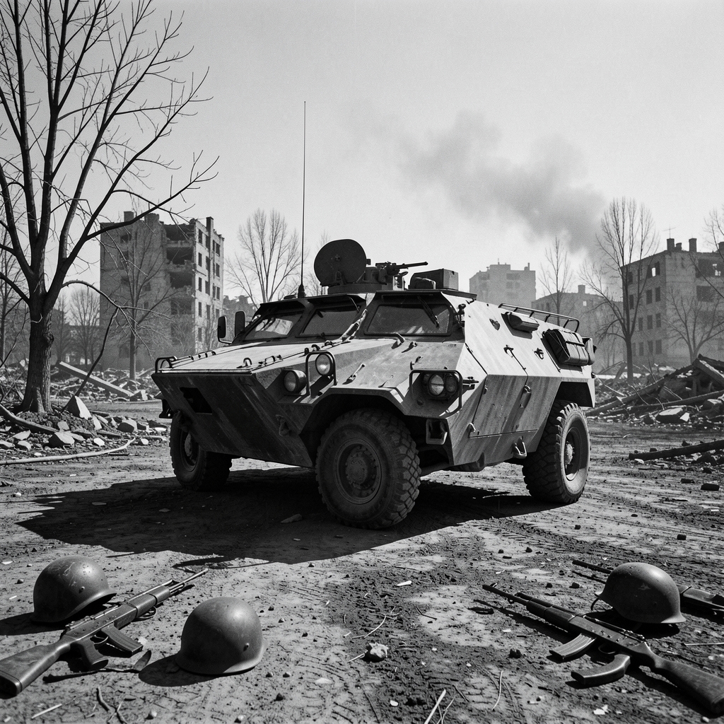 Armored vehicle parked in war-torn landscape with destroyed buildings and scattered military gear.