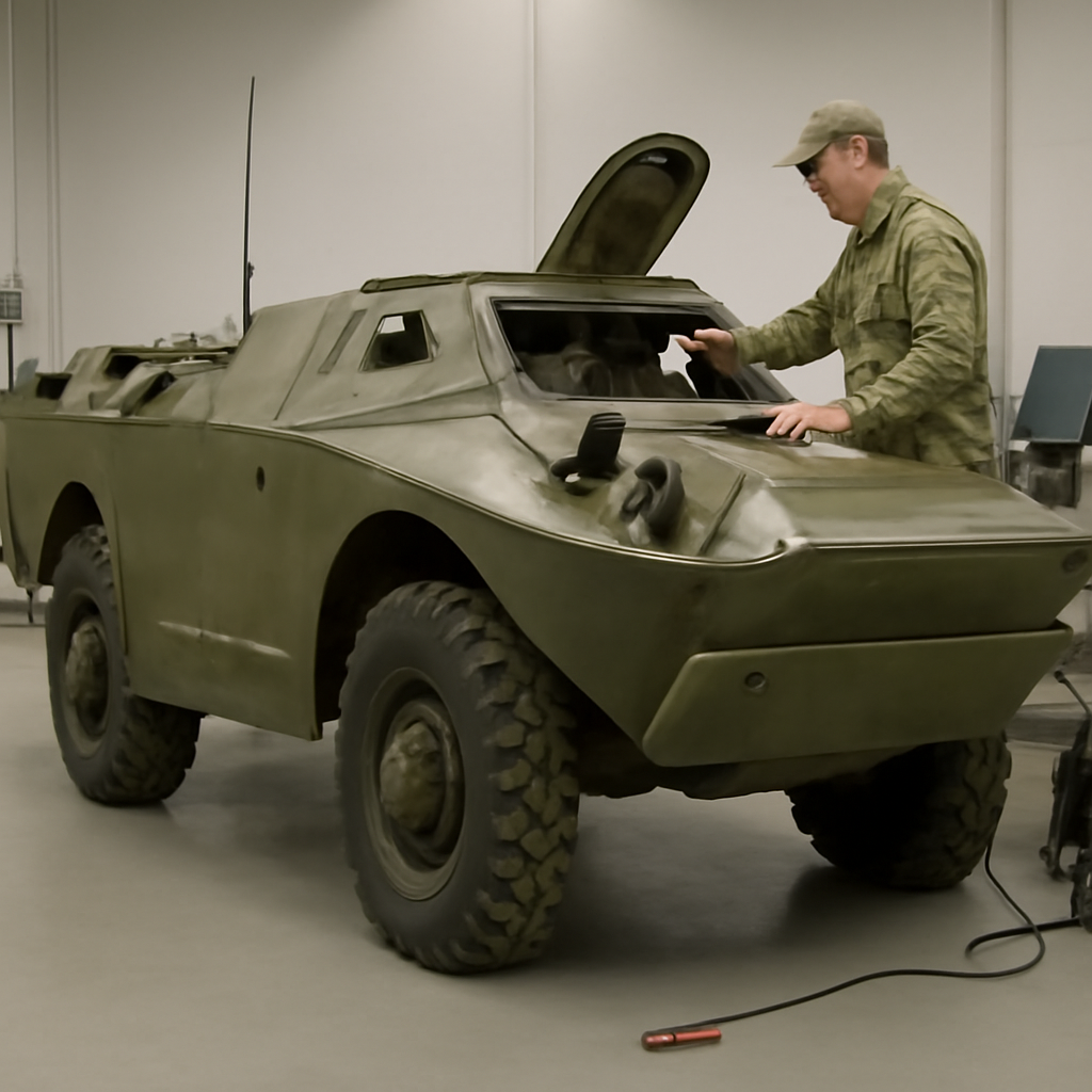 Soviet-era armored vehicle stripped of camouflage in a workshop with tools and diagnostic equipment nearby.