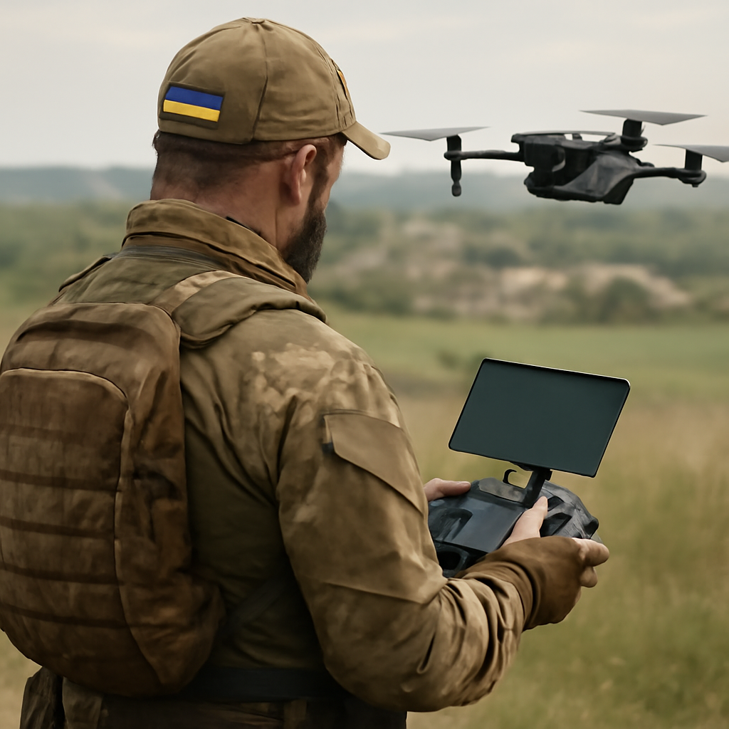 Former special forces operator stands in field with drone and controller, gazing out at distant landscape.