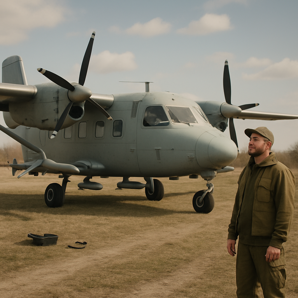 Converted turboprop aircraft with underwing hardpoints carrying interceptor drones on a rural airfield.