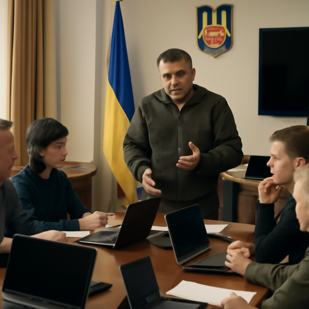 Ukrainian government building interior with people preparing for a meeting or briefing.