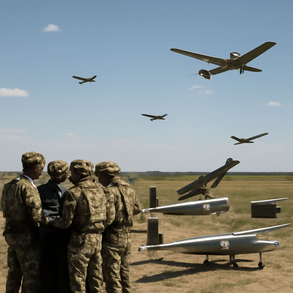 Military personnel operate drones in a dispersed formation in a rural terrain.