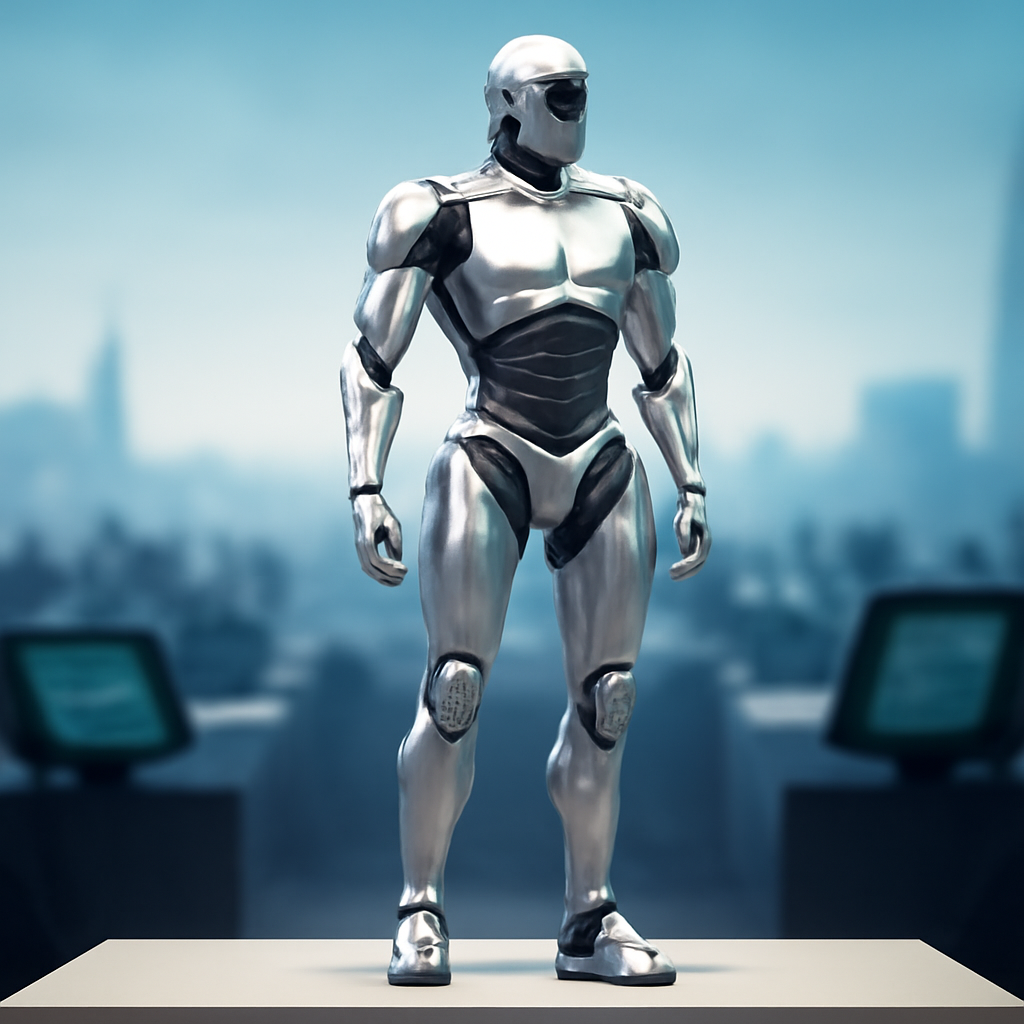 Futuristic humanoid robot stands on a stage with blurred conference setting and cityscape in background.