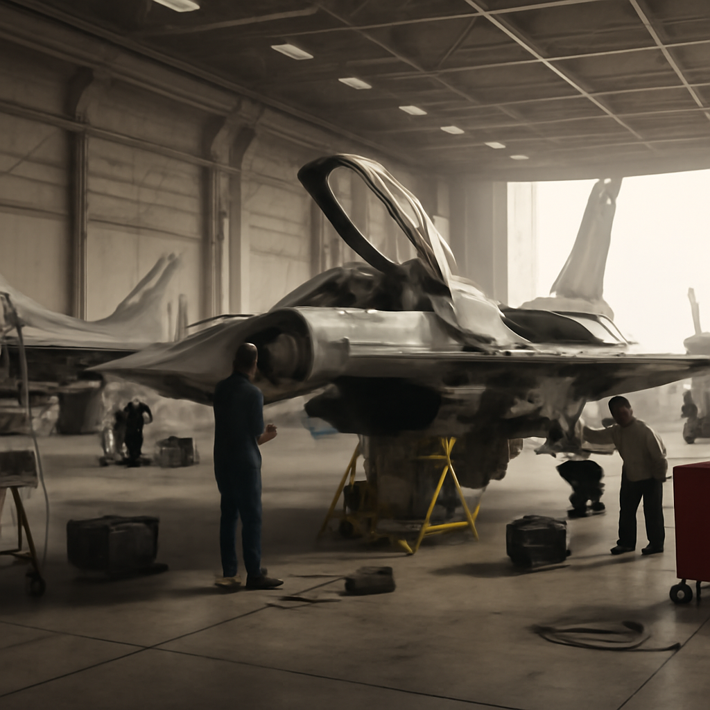 F-16 fighter jets in various maintenance states with technicians at work.