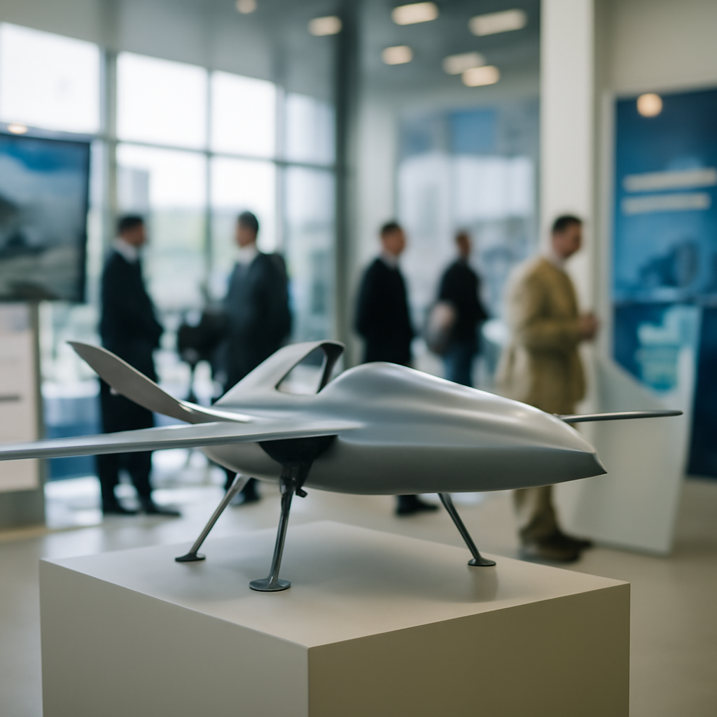Futuristic drone on display at defense exhibition with cityscape in background.