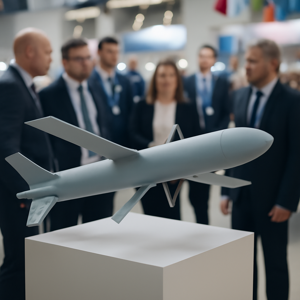Defense exhibition attendees gather around a futuristic loitering munitions system on display.