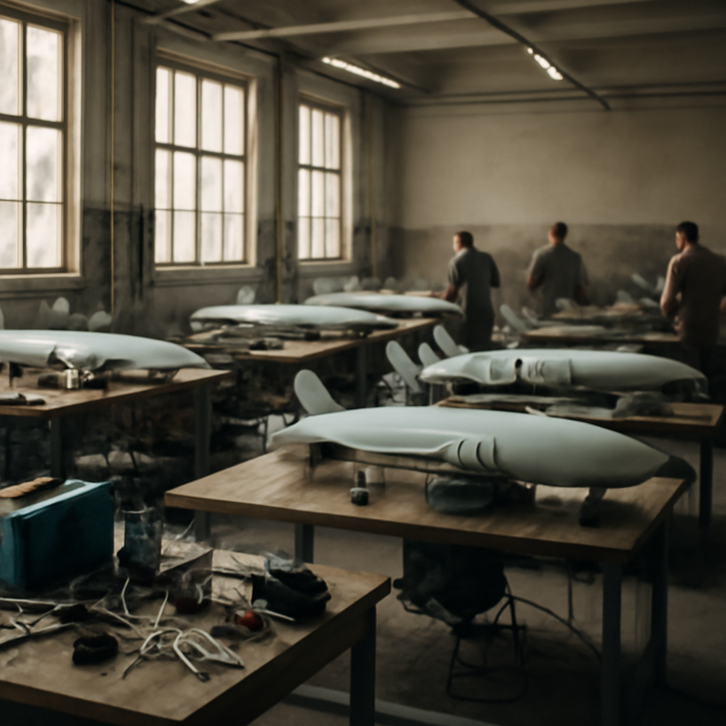 Workers assemble drone and missile components at industrial facility workbenches.
