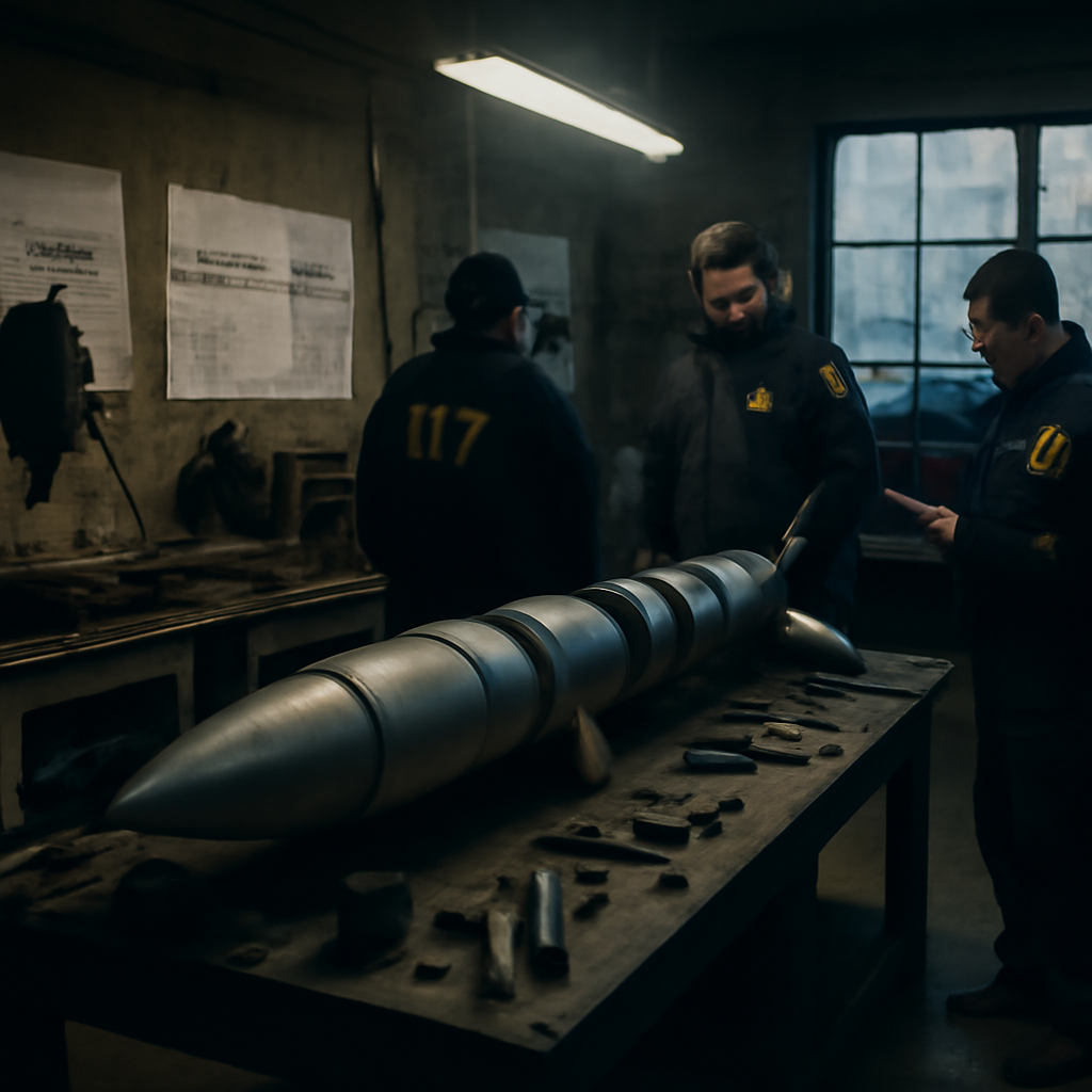 Dimly lit workshop with machinery, tools, and missile components surrounded by technical drawings.