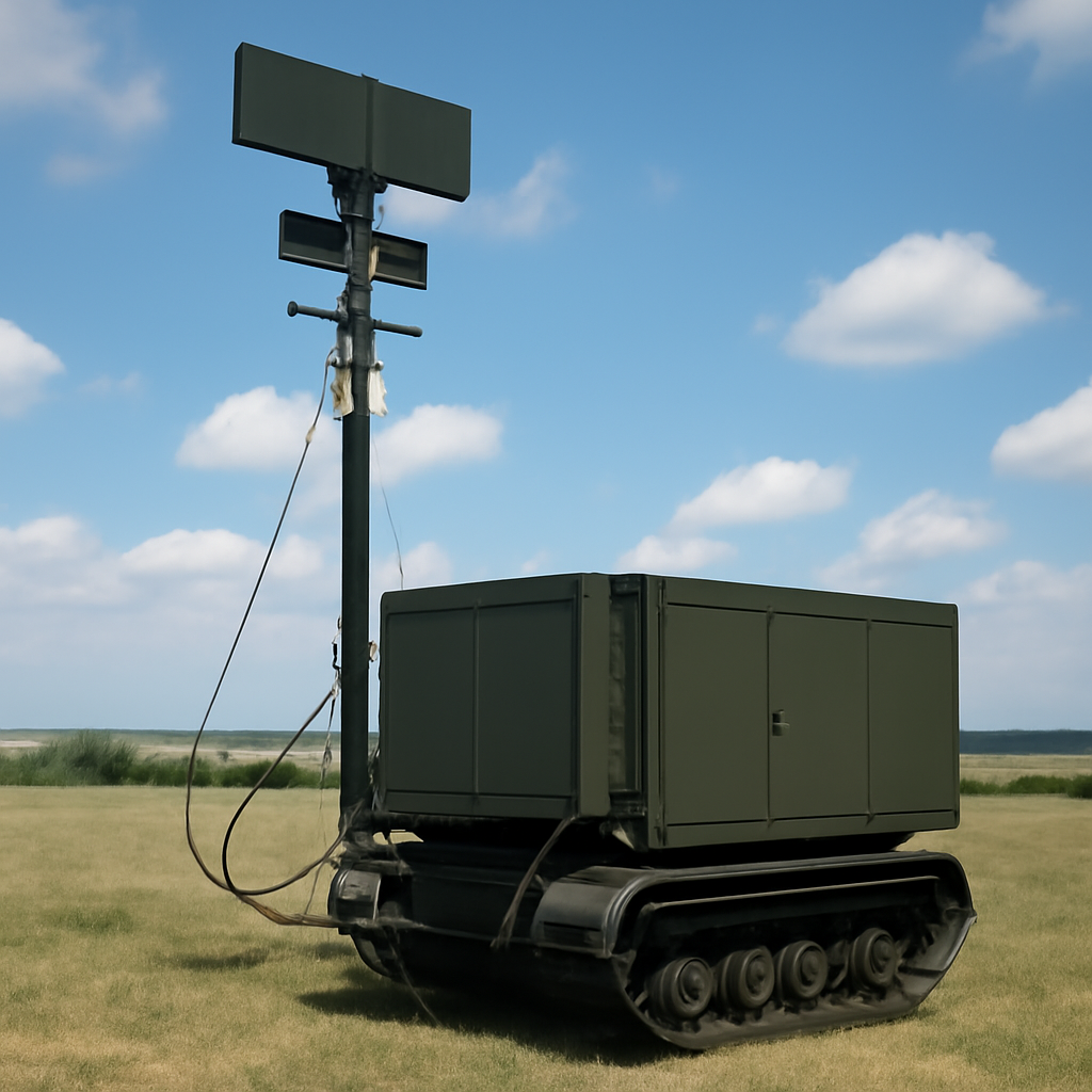 Modern electronic warfare system unit deployed in a field with a subtle landscape background.