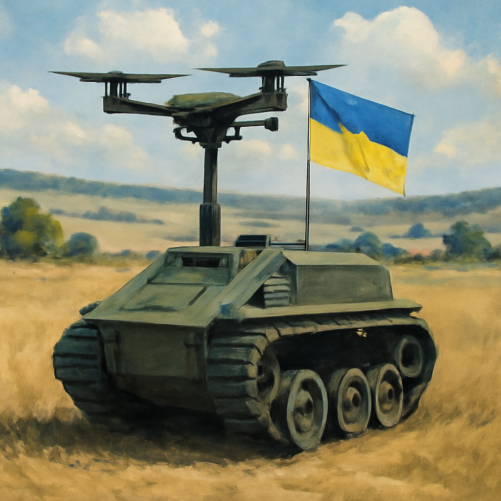 Ukrainian military robot in a rural landscape surrounded by hills and trees.