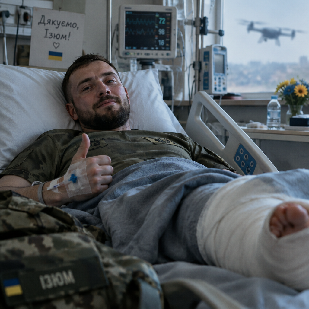 Wounded soldier with bandaged foot in hospital bed, drone blurred in background.