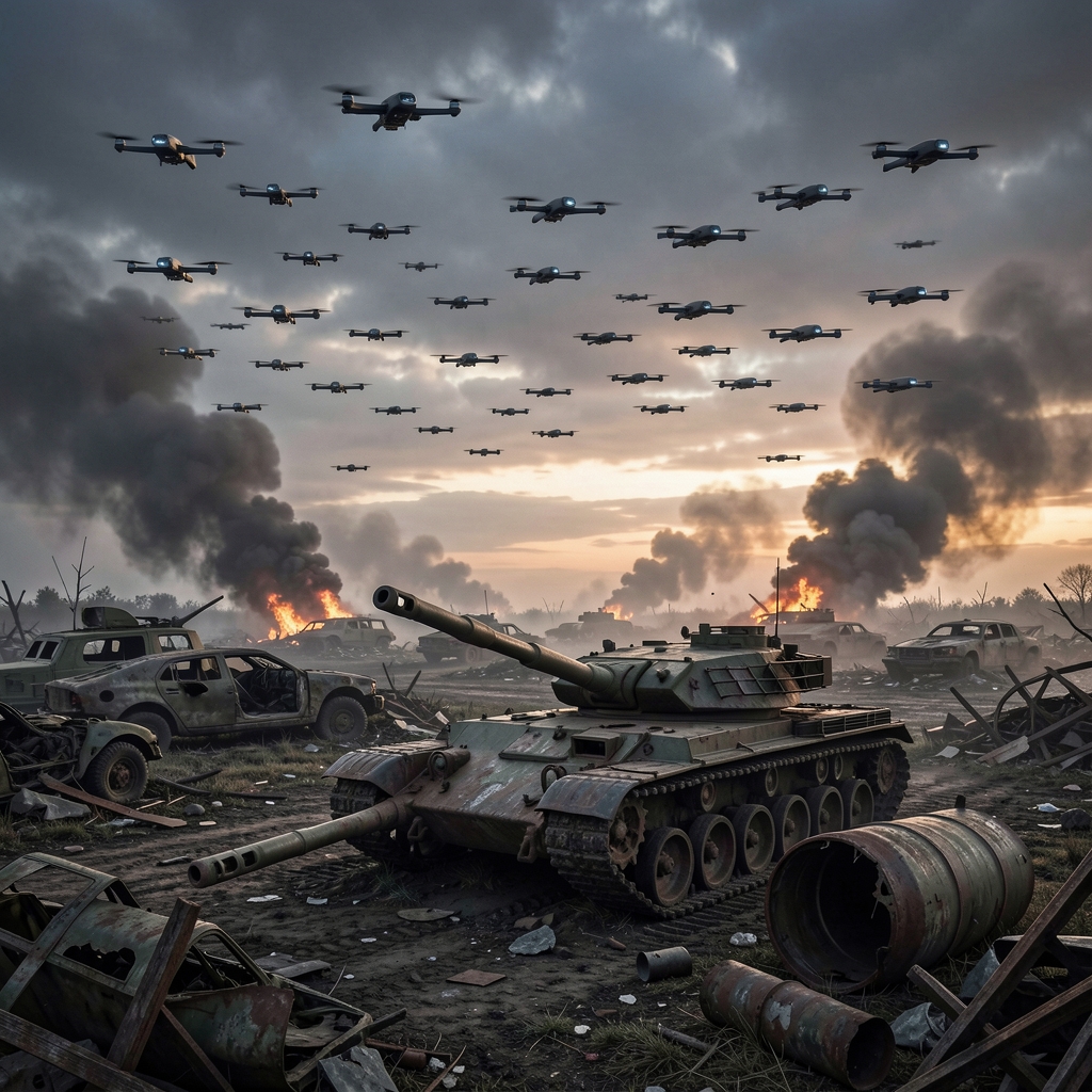 Drones fly over destroyed military vehicles in a smoky, gray landscape under an ominous sky.