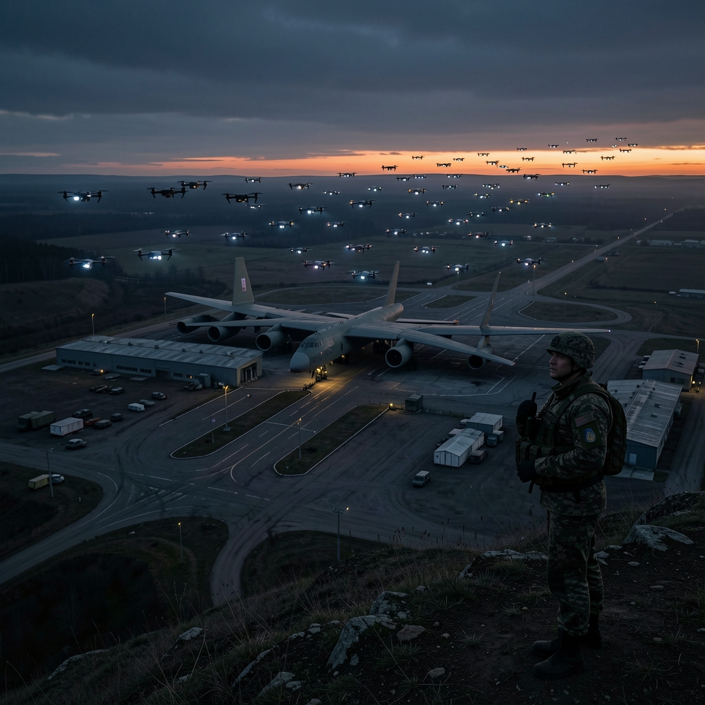 Ukrainian soldier watches as drone swarm approaches Russian bomber base at dusk.