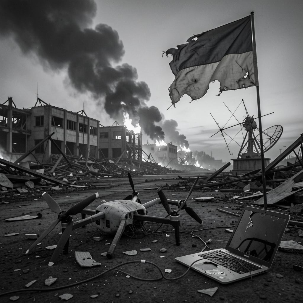 Destroyed air defense factory with smoke and flames, a mangled drone in the foreground.