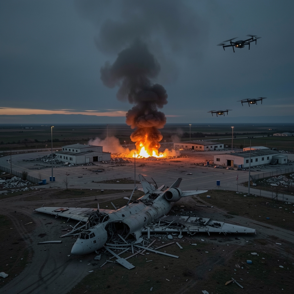 Aerial view of a damaged Russian airbase at dusk with smoke rising and a destroyed aircraft in the foreground.