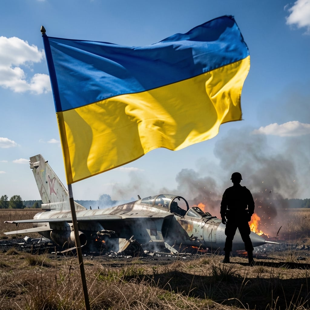 Smoldering wreckage of a fighter jet with a Ukrainian flag waving in the foreground and a victorious soldier in the…