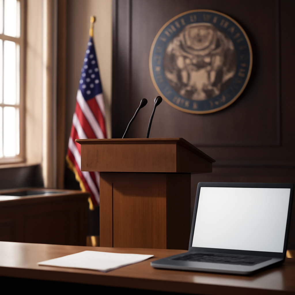 Formal proceedings setting with podium, laptop, and blurred emblem in daylight.