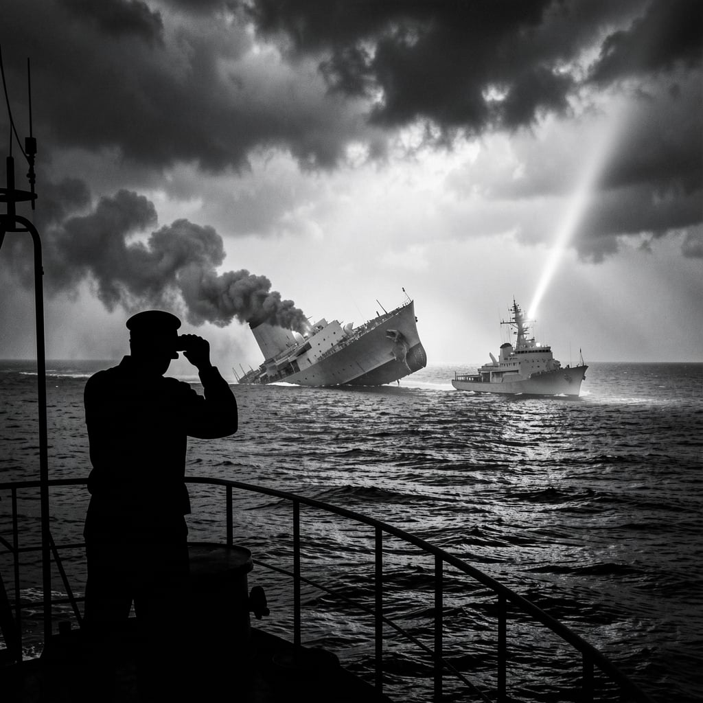 Ukrainian naval vessel shines spotlight on sinking Russian warship amidst stormy seas.