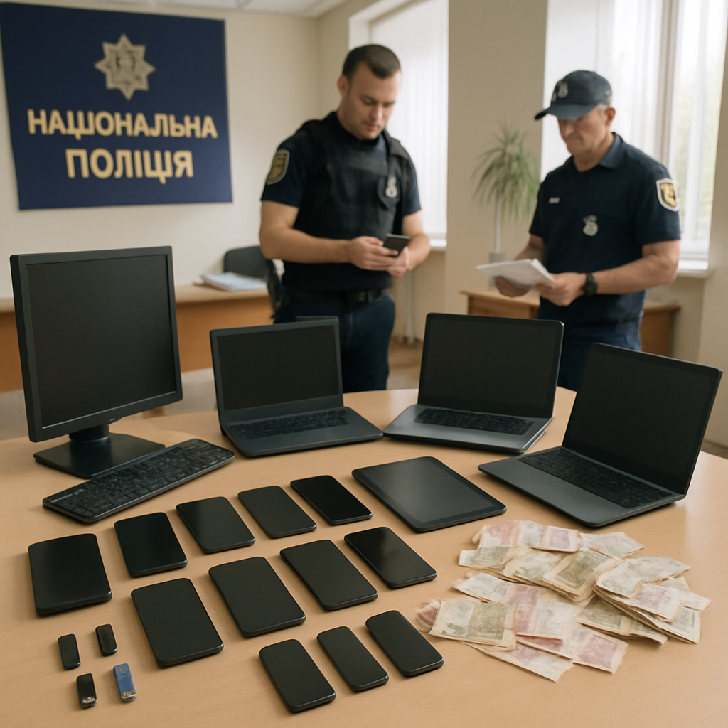 Ukrainian police officers in a brightly lit office with computers and law enforcement equipment.