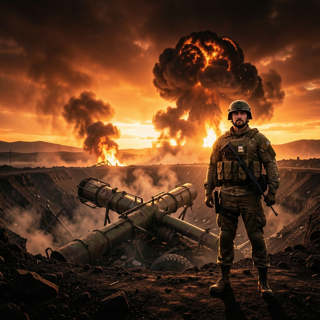 Ukrainian soldier stands victorious amidst smoldering crater and destroyed Russian rocket launcher.