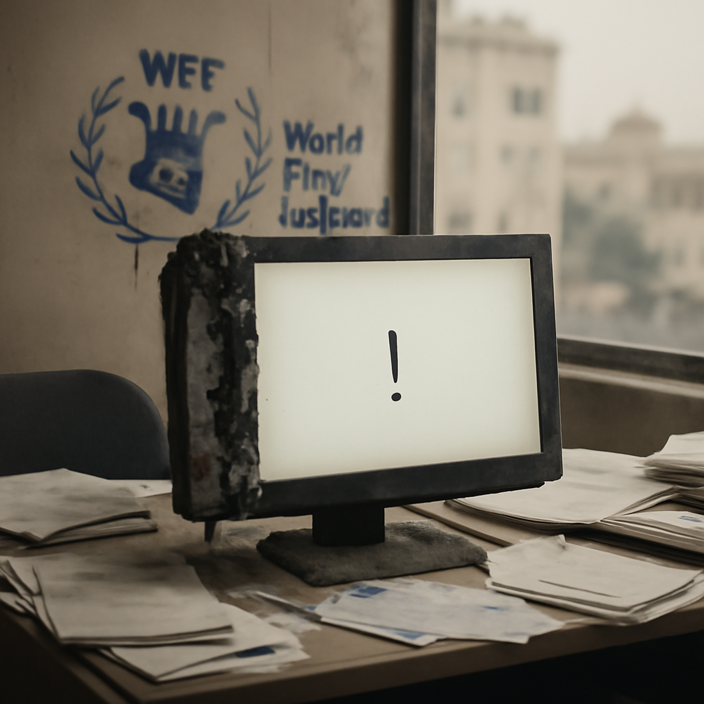 Damaged computer screen on cluttered desk in WFP office with scattered papers and blurred cityscape background.