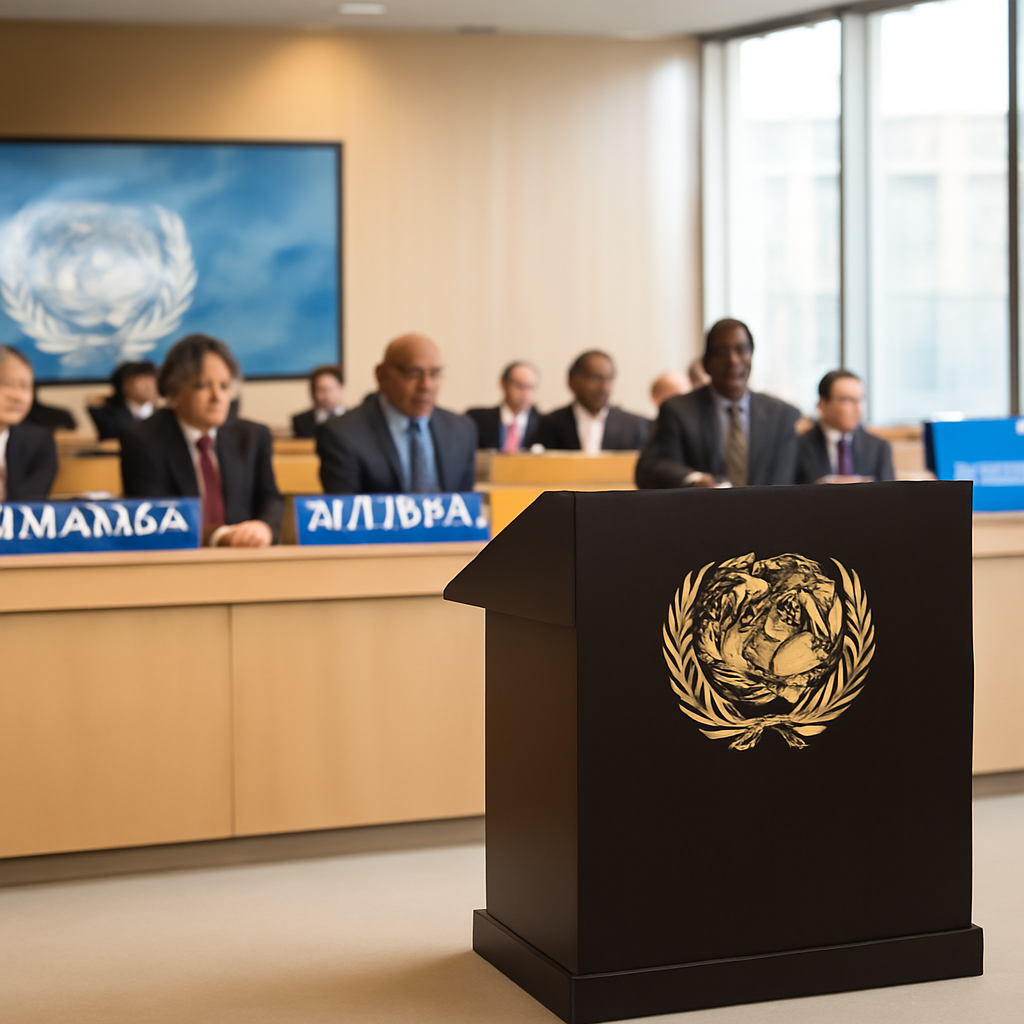 Delegates seated at a long table in a brightly lit UN conference room with a large window in the background.