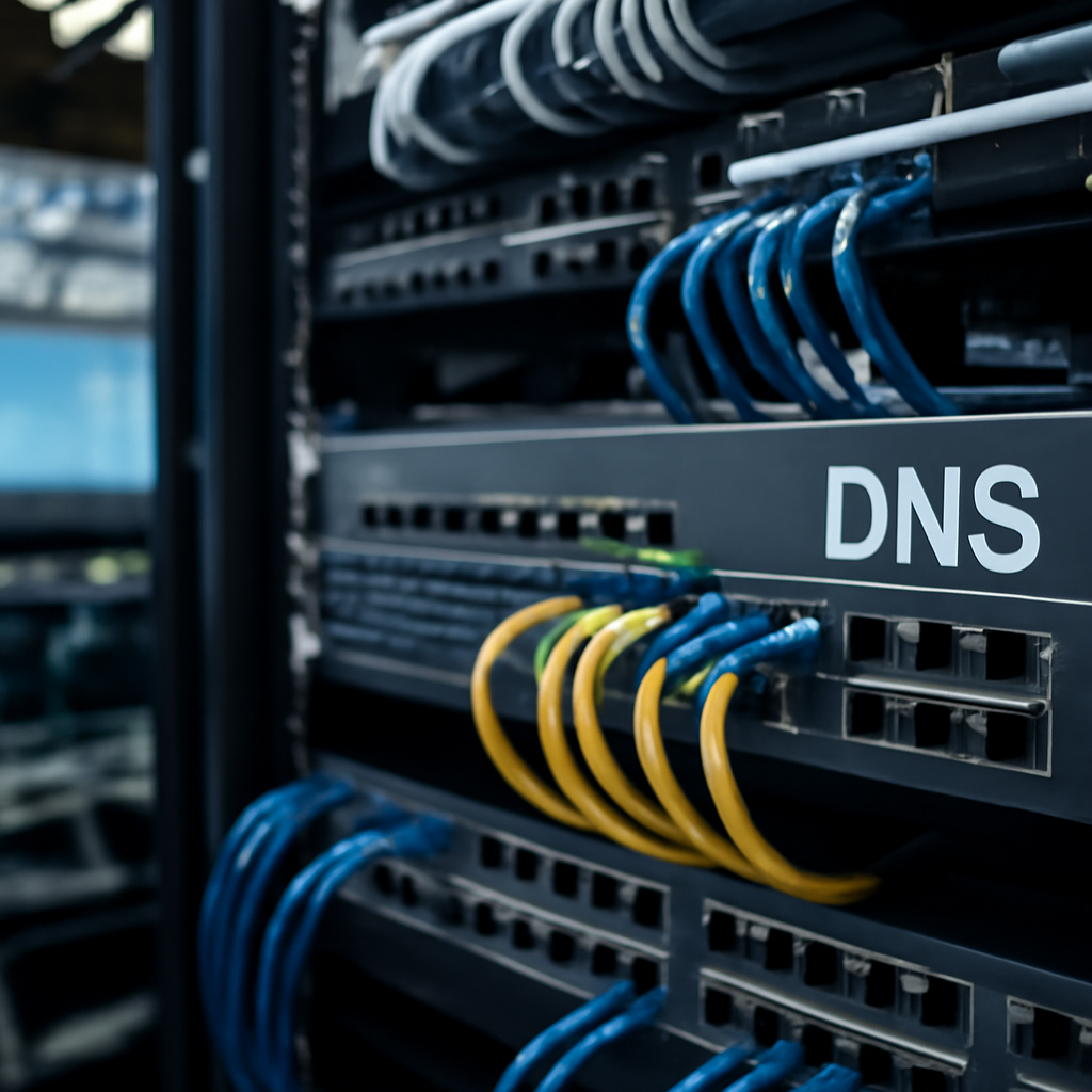 Rack-mounted networking equipment, including a router or DNS server, in a network operations center.