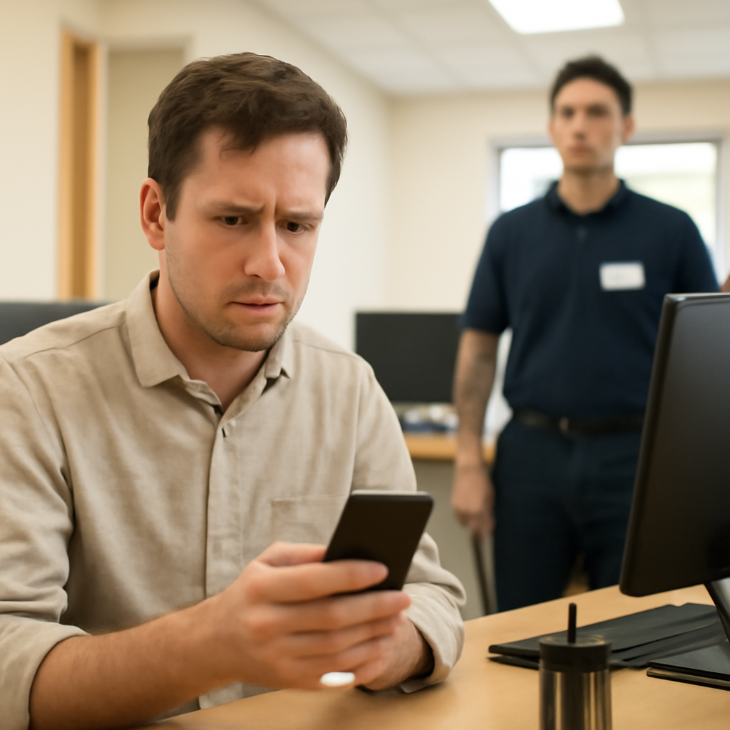 Person looks concerned at mobile phone with blurred figure in help-desk uniform in background.