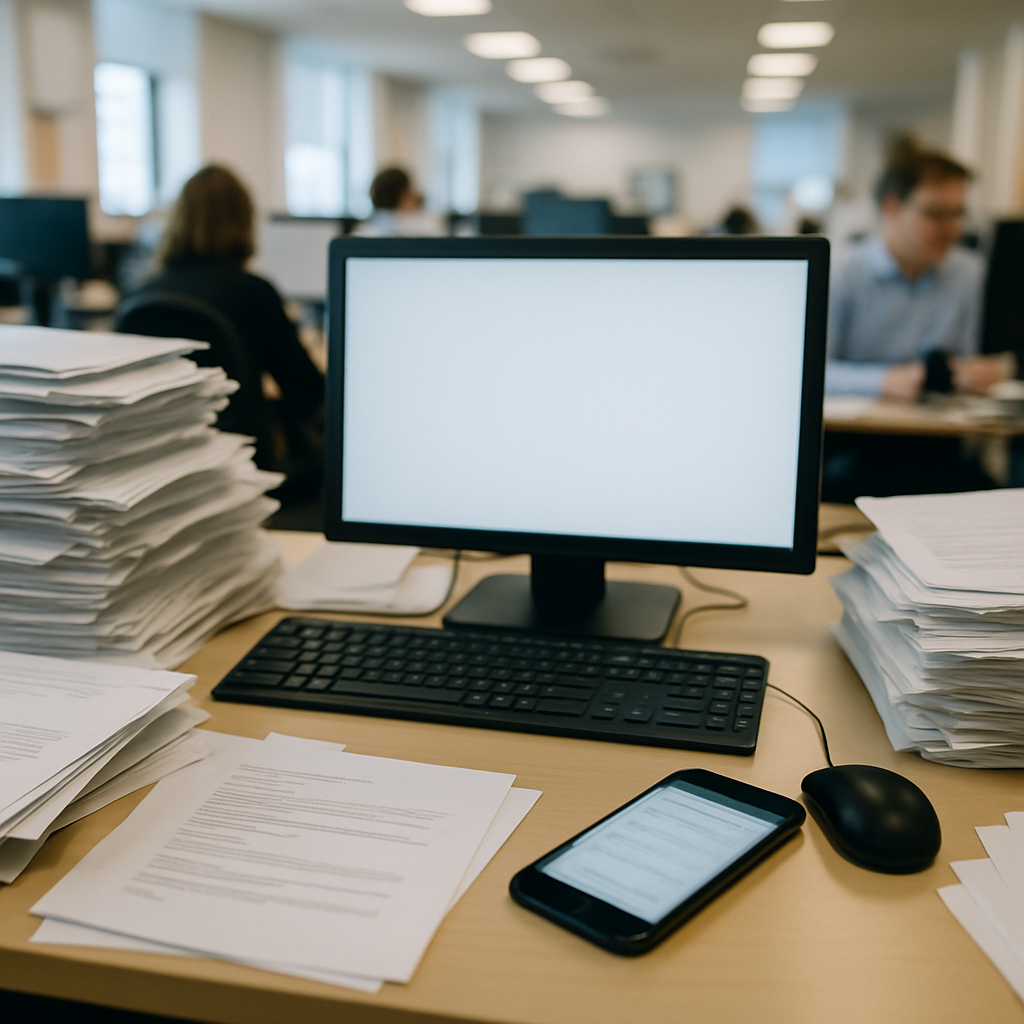 Cluttered office desk with computer, papers, and open smartphone showing an email inbox.