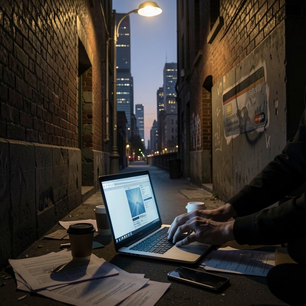 A cluttered alleyway scene with a glowing laptop screen surrounded by papers and coffee cups.
