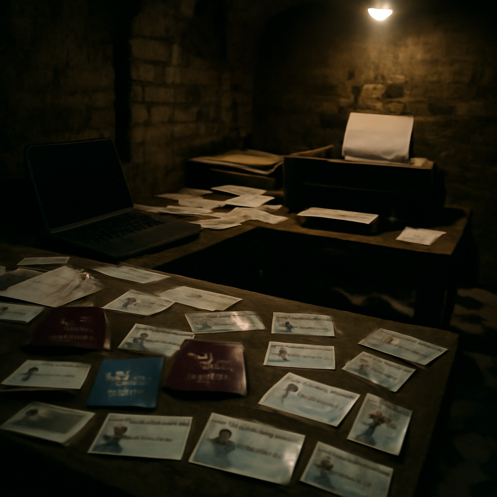 Cluttered workspace with scattered ID documents and electronics in dim light.