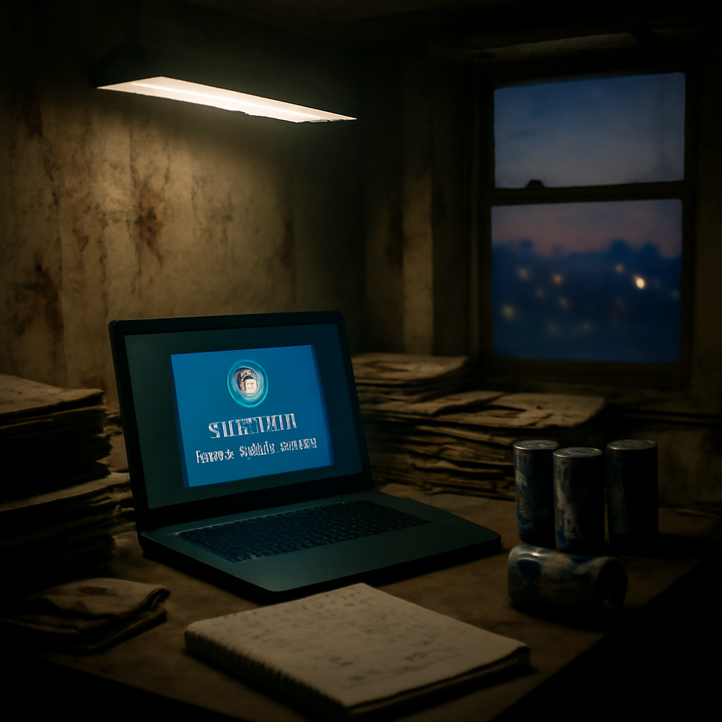 Cramped, dimly lit room with laptop, papers, and cryptocurrency tools.